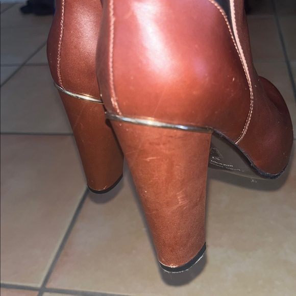 Two Tone Black & Brown Knee High Leather Boots with Gold Accents - Picture 10 of 11